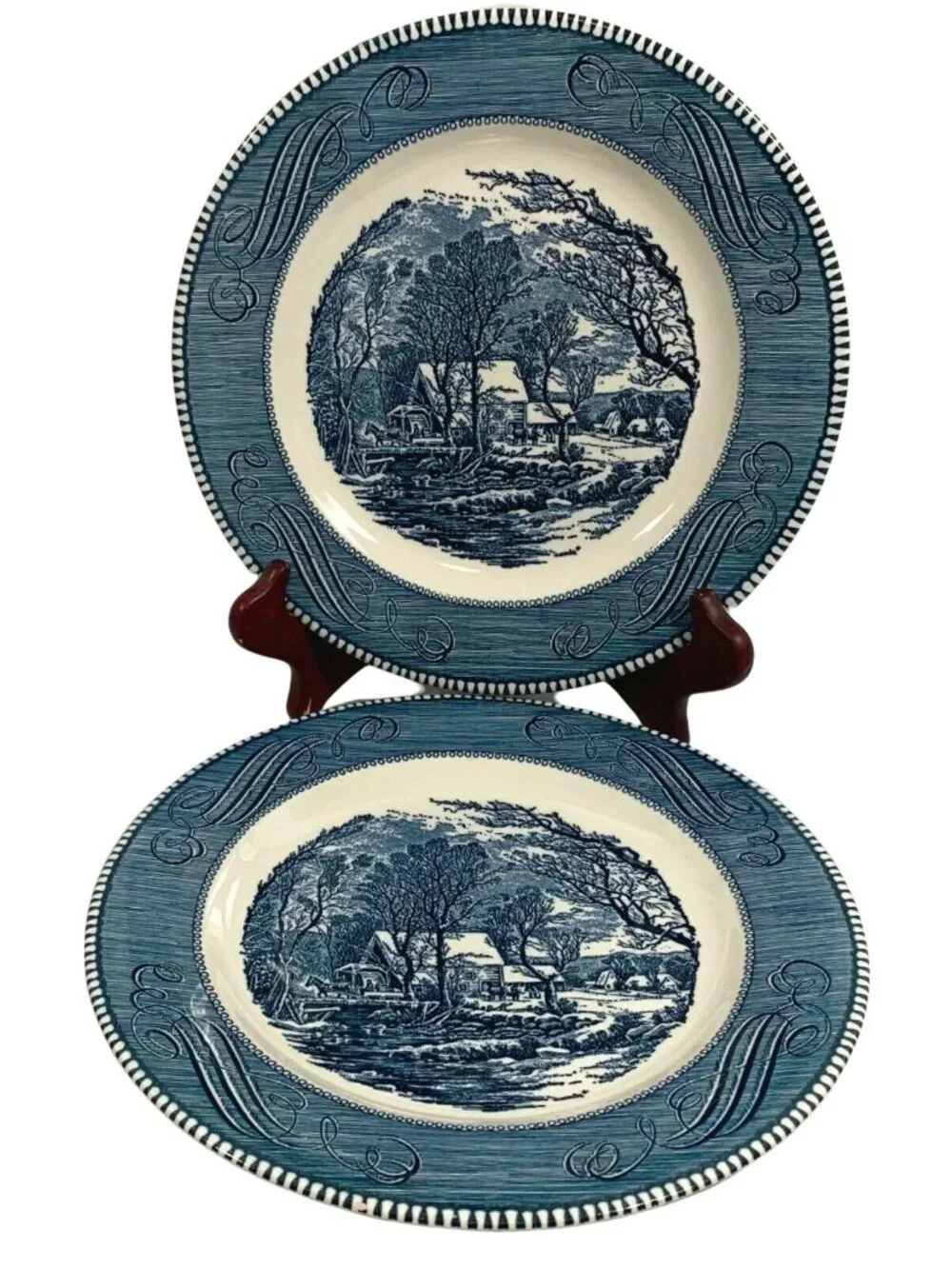Royal Currier & Ives Dinner Plate Set Old Grist Mill Blue White 10